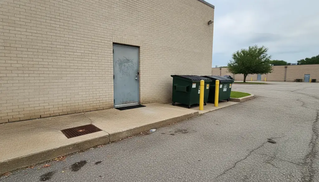 The rear service door and dumpster pad of a small commercial building