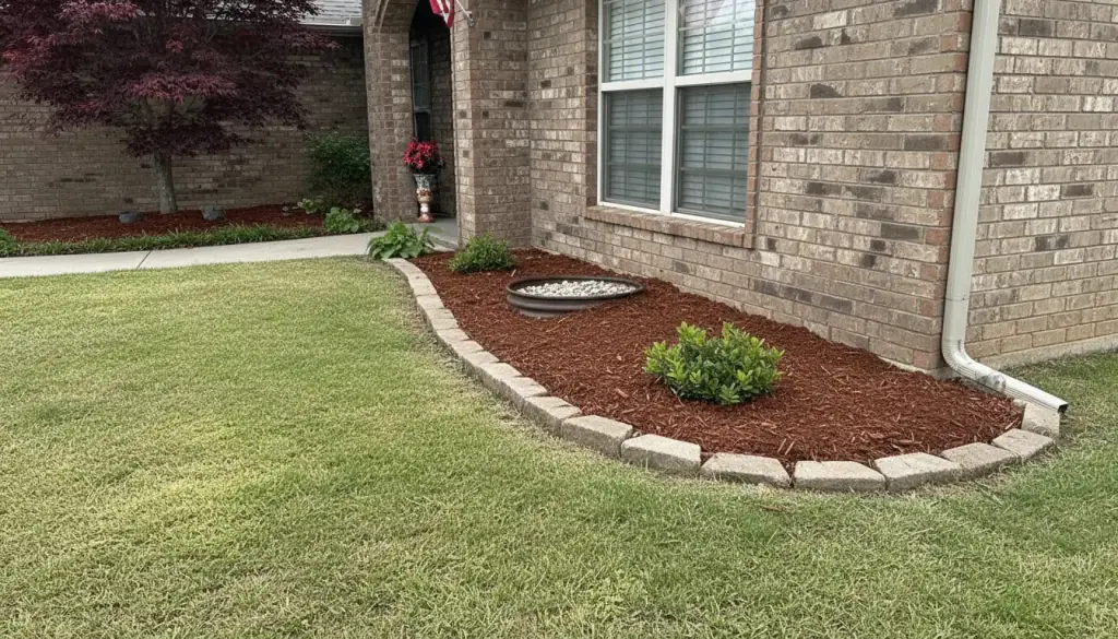 The brick foundation line of a ranch home meeting a fresh mulch bed beside the lawn